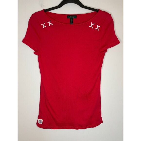 LRL Lauren Jeans Co Short Slv Top Womens M Red Nautical Stretch Criss Cross Rope - Picture 1 of 7